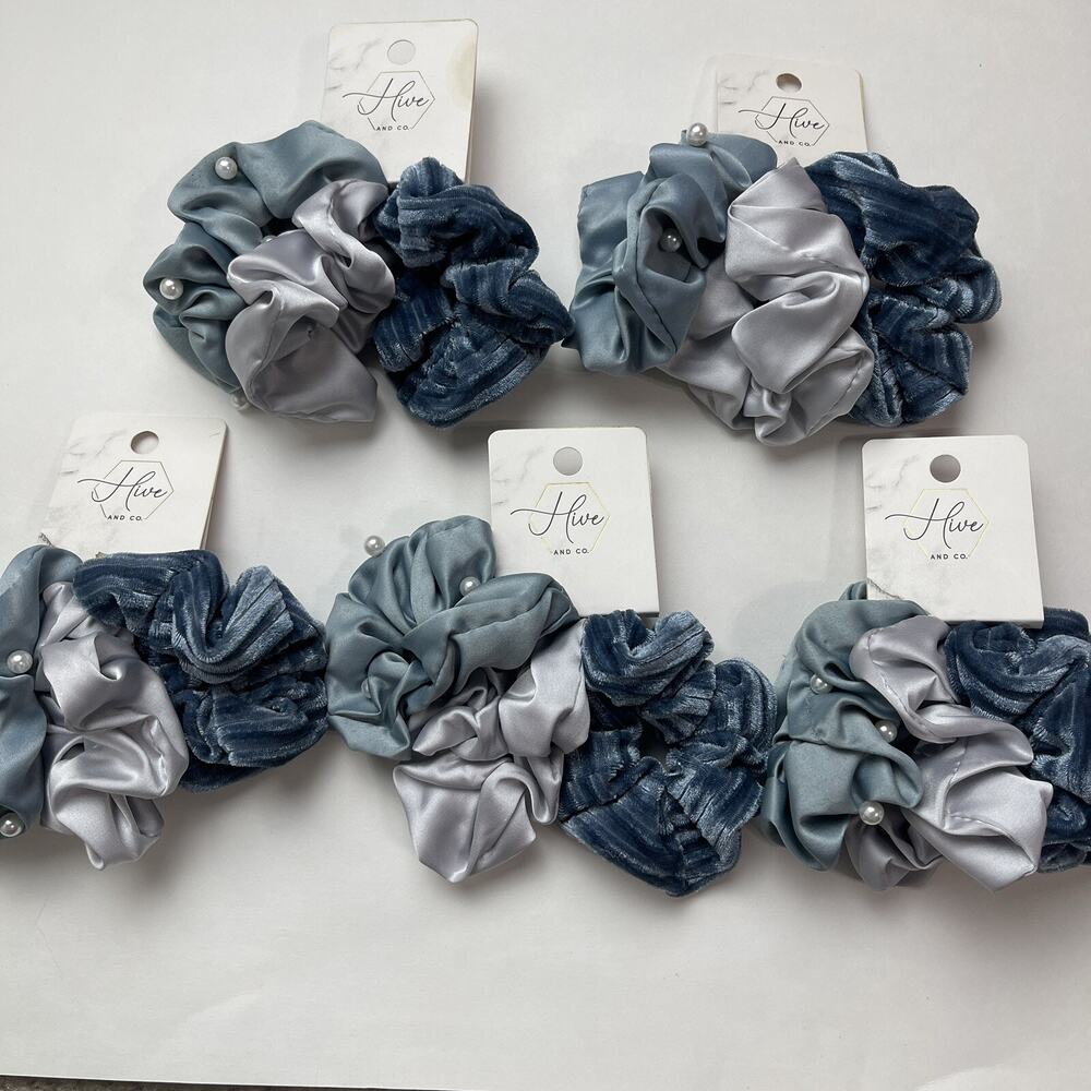 15 Pieces Hive & Co Scrunchie Set Shades of Blue Satin Soft Fabric Hair Ponytail